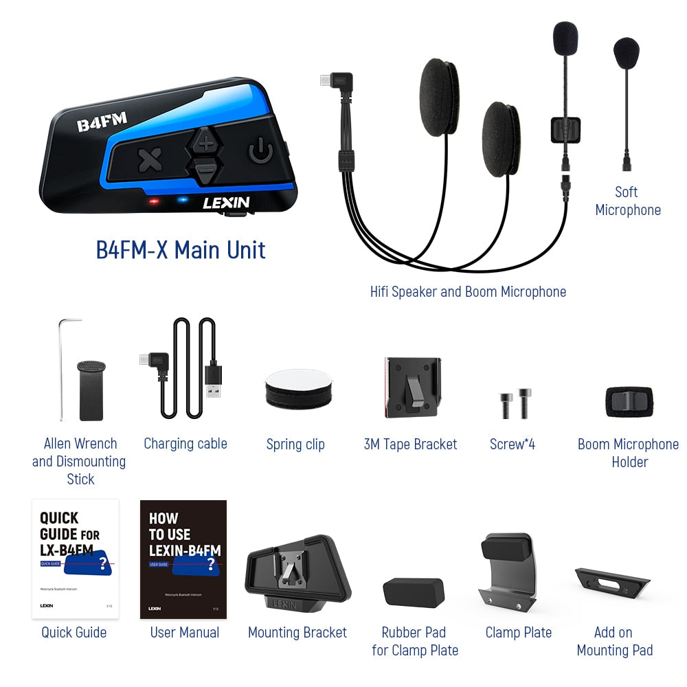 Lexin B4FM-X Bluetooth Motorcycle Intercom Helmet Headsets,BT 5.0 Wireless Communication Interphone Music Sharing 10 Riders